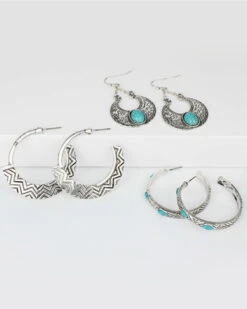 Prime Time Jewelry Women's 3-piece Silver & Turquoise Hoop And Dangle Earrings Set
