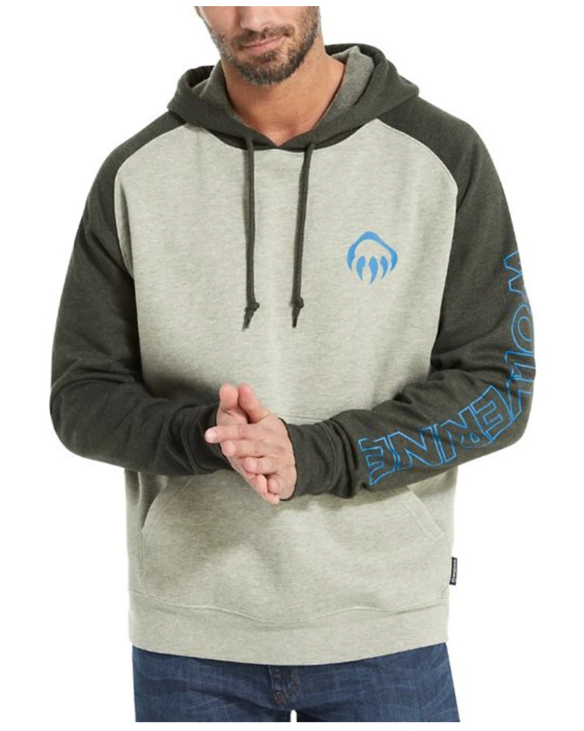 Wolverine Men's Charcoal Raglan Logo Sleeve Hooded Work Sweatshirt 1 Wolverine Men's Charcoal Raglan Logo Sleeve Hooded Work Sweatshirt